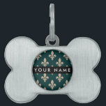 Fleur de Lis, Beige on Green, Royal, Your Name Pet ID Tag<br><div class="desc">Elegant,  stylish and sophisticated pattern with beige Fleur De Lis Pattern on green background. Modern and trendy design,  perfect for the heraldry charge lover.</div>