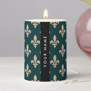 Fleur de Lis, Beige on Green, Royal, Your Name Pillar Candle