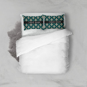 Fleur de Lis, Beige on Green, Royal, Your Name Pillow Case