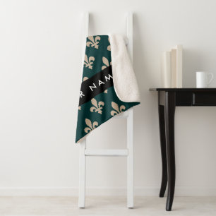 Fleur de Lis, Beige on Green, Royal, Your Name Sherpa Blanket