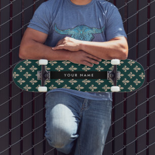 Fleur de Lis, Beige on Green, Royal, Your Name Skateboard