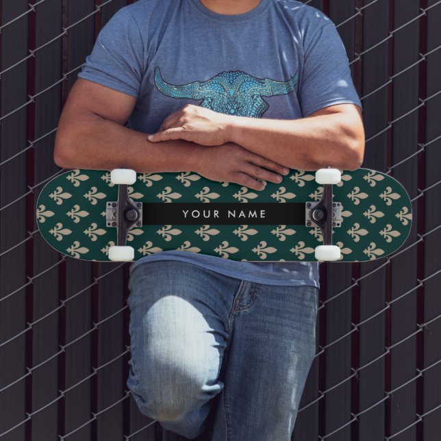 Fleur de Lis, Beige on Green, Royal, Your Name Skateboard (Outdoor 3)