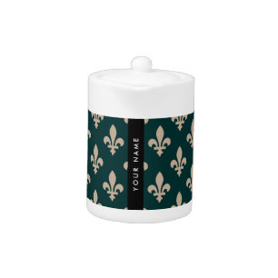 Fleur de Lis, Beige on Green, Royal, Your Name Teapot