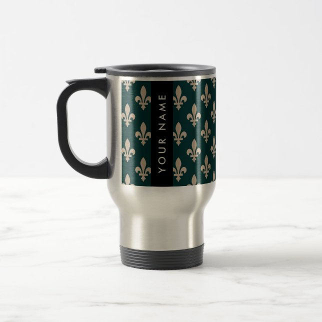 Fleur de Lis, Beige on Green, Royal, Your Name Travel Mug (Left)
