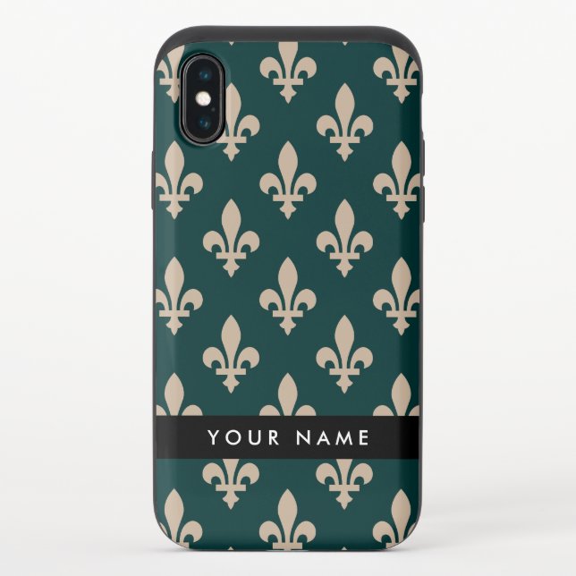 Fleur de Lis, Beige on Green, Royal, Your Name Uncommon iPhone Case (Back)