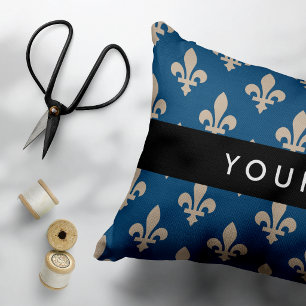 Fleur de Lis, Beige on Navy Blue, Royal, Your Name Accent Pillow