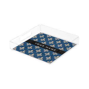 Fleur de Lis, Beige on Navy Blue, Royal, Your Name Acrylic Tray