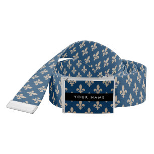 Fleur de Lis, Beige on Navy Blue, Royal, Your Name Belt