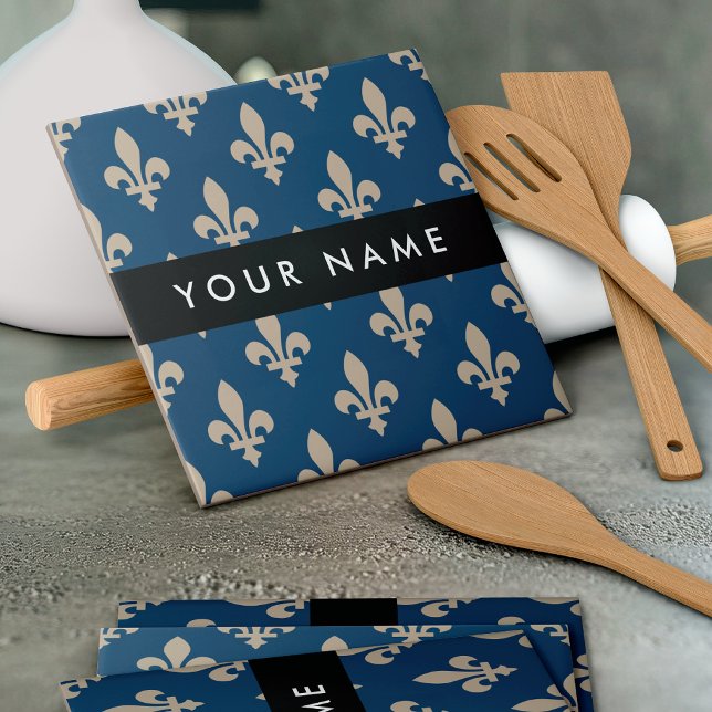 Fleur de Lis, Beige on Navy Blue, Royal, Your Name Ceramic Tile (Creator Uploaded)