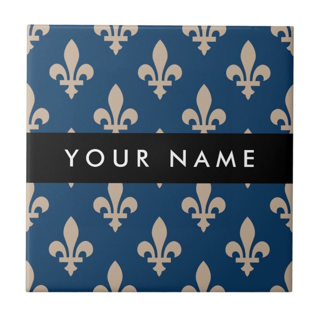 Fleur de Lis, Beige on Navy Blue, Royal, Your Name Ceramic Tile (Front)