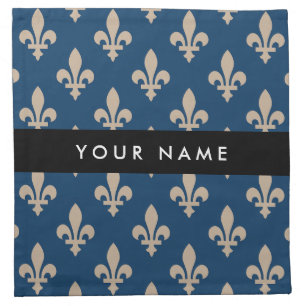 Fleur de Lis, Beige on Navy Blue, Royal, Your Name Cloth Napkin