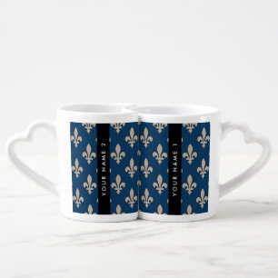 Fleur de Lis, Beige on Navy Blue, Royal, Your Name Coffee Mug Set