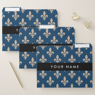 Fleur de Lis, Beige on Navy Blue, Royal, Your Name File Folder