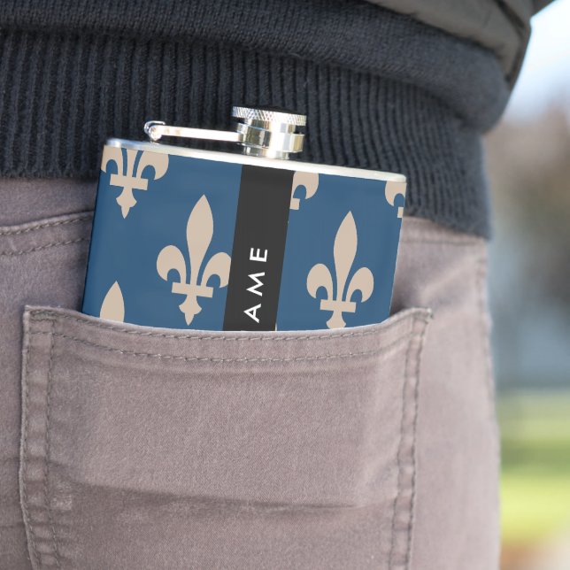 Fleur de Lis, Beige on Navy Blue, Royal, Your Name Flask (In Situ)