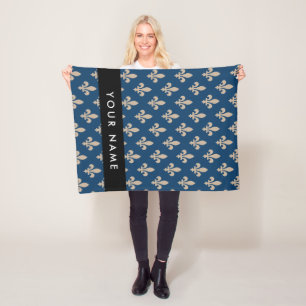 Fleur de Lis, Beige on Navy Blue, Royal, Your Name Fleece Blanket