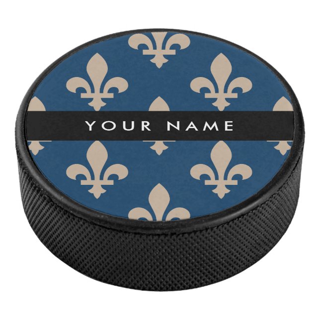 Fleur de Lis, Beige on Navy Blue, Royal, Your Name Hockey Puck (3/4)