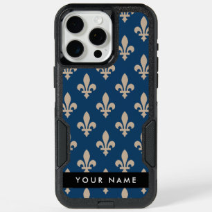 Fleur de Lis, Beige on Navy Blue, Royal, Your Name iPhone 15 Pro Max Case