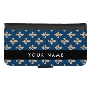 Fleur de Lis, Beige on Navy Blue, Royal, Your Name iPhone 8/7 Wallet Case