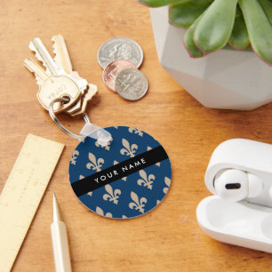 Fleur de Lis, Beige on Navy Blue, Royal, Your Name Keychain