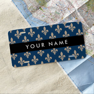 Fleur de Lis, Beige on Navy Blue, Royal, Your Name License Plate