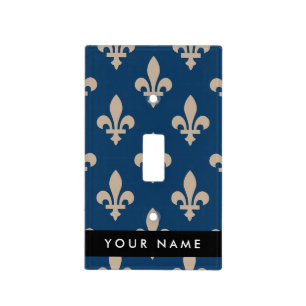 Fleur de Lis, Beige on Navy Blue, Royal, Your Name Light Switch Cover