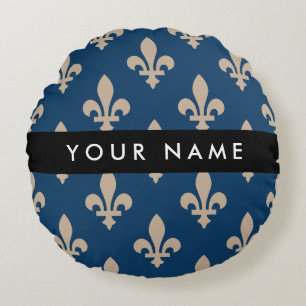 Fleur de Lis, Beige on Navy Blue, Royal, Your Name Round Pillow