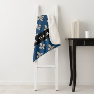 Fleur de Lis, Beige on Navy Blue, Royal, Your Name Sherpa Blanket