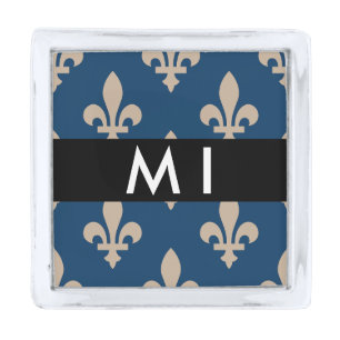 Fleur de Lis, Beige on Navy Blue, Royal, Your Name Silver Finish Lapel Pin