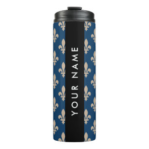 Fleur de Lis, Beige on Navy Blue, Royal, Your Name Thermal Tumbler
