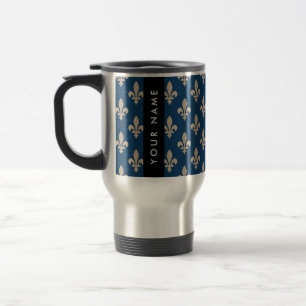 Fleur de Lis, Beige on Navy Blue, Royal, Your Name Travel Mug