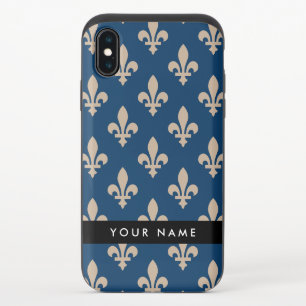 Fleur de Lis, Beige on Navy Blue, Royal, Your Name iPhone XS Slider Case