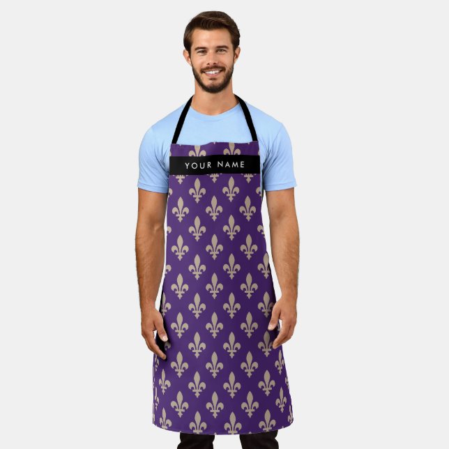 Fleur de Lis, Beige on Purple, Royal, Your Name Apron (Worn)