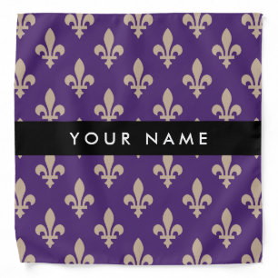 Fleur de Lis, Beige on Purple, Royal, Your Name Bandana