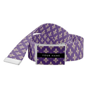 Fleur de Lis, Beige on Purple, Royal, Your Name Belt