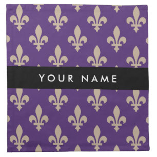 Fleur de Lis, Beige on Purple, Royal, Your Name Cloth Napkin