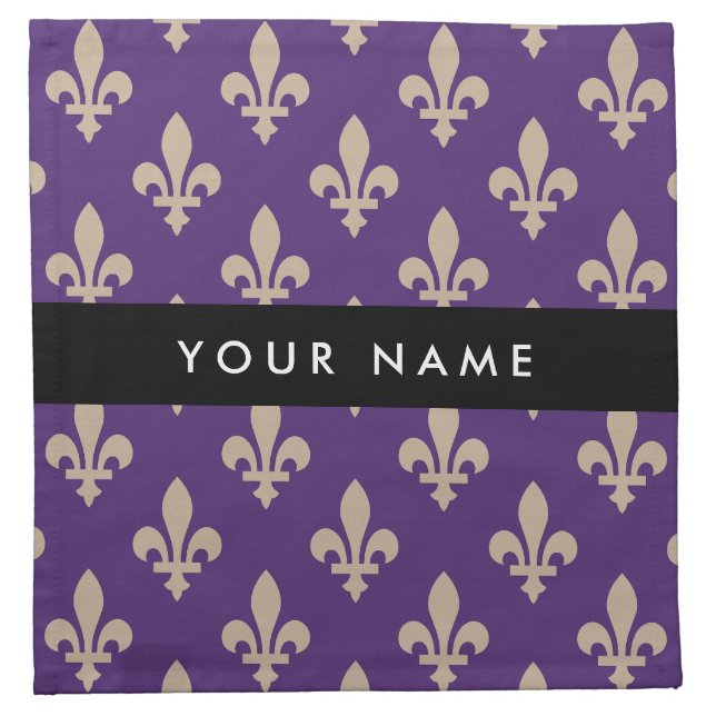 Fleur de Lis, Beige on Purple, Royal, Your Name Cloth Napkin (Front)