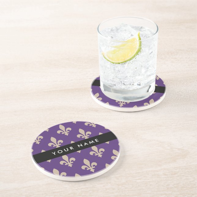 Fleur de Lis, Beige on Purple, Royal, Your Name Coaster (Side)