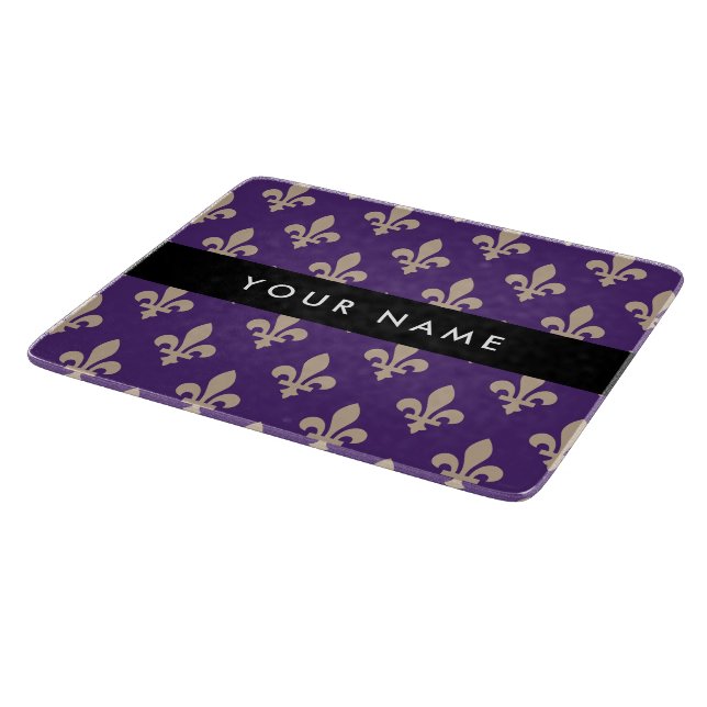 Fleur de Lis, Beige on Purple, Royal, Your Name Cutting Board (Corner)