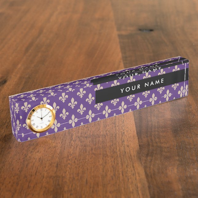 Fleur de Lis, Beige on Purple, Royal, Your Name Desk Name Plate (Side)
