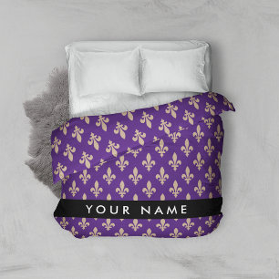 Fleur de Lis, Beige on Purple, Royal, Your Name Duvet Cover