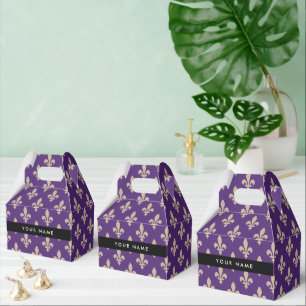 Fleur de Lis, Beige on Purple, Royal, Your Name Favor Boxes