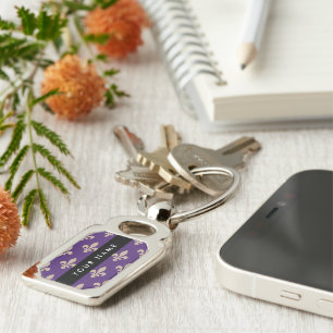 Fleur de Lis, Beige on Purple, Royal, Your Name Keychain