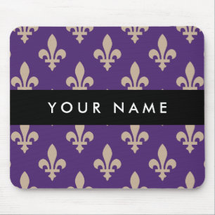 Fleur de Lis, Beige on Purple, Royal, Your Name Mouse Pad