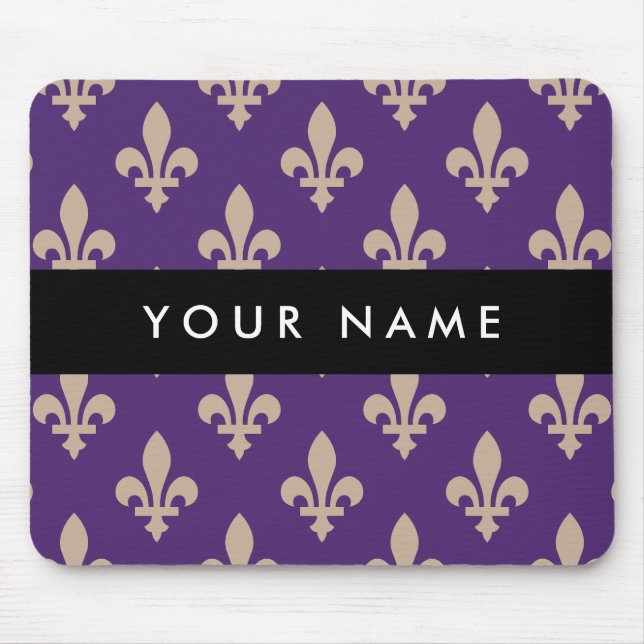 Fleur de Lis, Beige on Purple, Royal, Your Name Mouse Pad (Front)