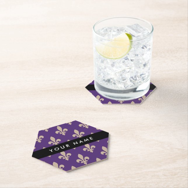 Fleur de Lis, Beige on Purple, Royal, Your Name Paper Coaster (Insitu)