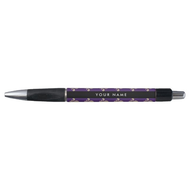 Fleur de Lis, Beige on Purple, Royal, Your Name Pen (Front)