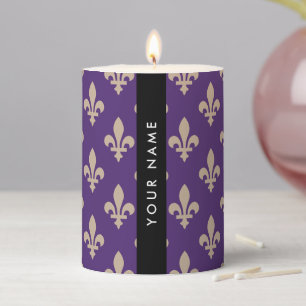 Fleur de Lis, Beige on Purple, Royal, Your Name Pillar Candle