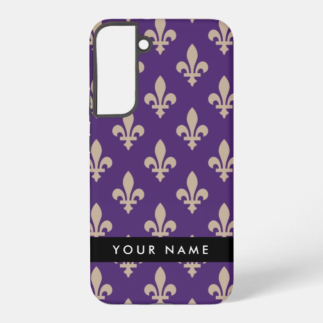 Fleur de Lis, Beige on Purple, Royal, Your Name Samsung Galaxy Case (Back)