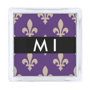 Fleur de Lis, Beige on Purple, Royal, Your Name Silver Finish Lapel Pin