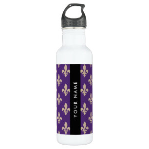 Fleur de Lis, Beige on Purple, Royal, Your Name Stainless Steel Water Bottle